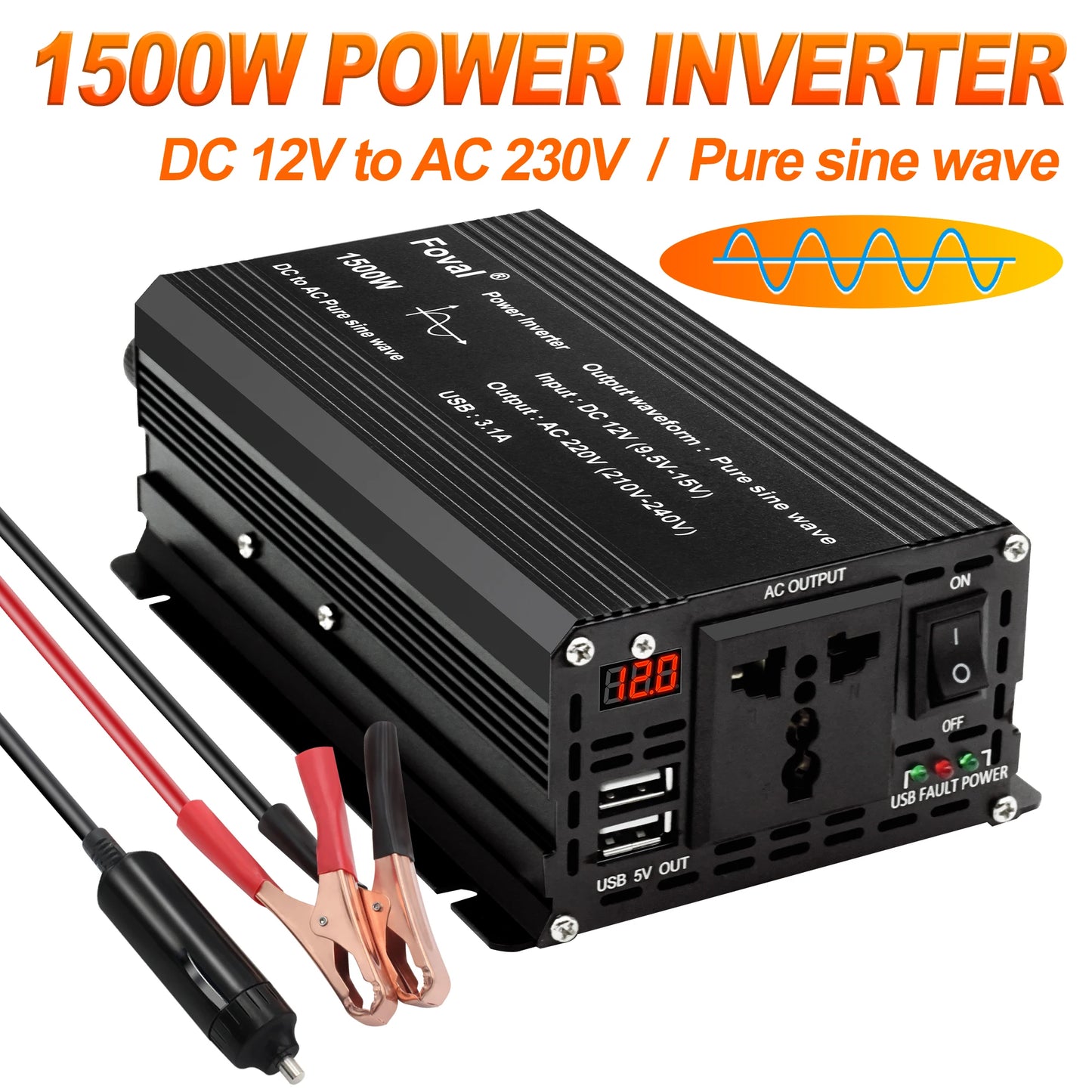 Powerful 1500W Pure Sine Wave Car Inverter with 3.1A USB - 1 Year Warranty