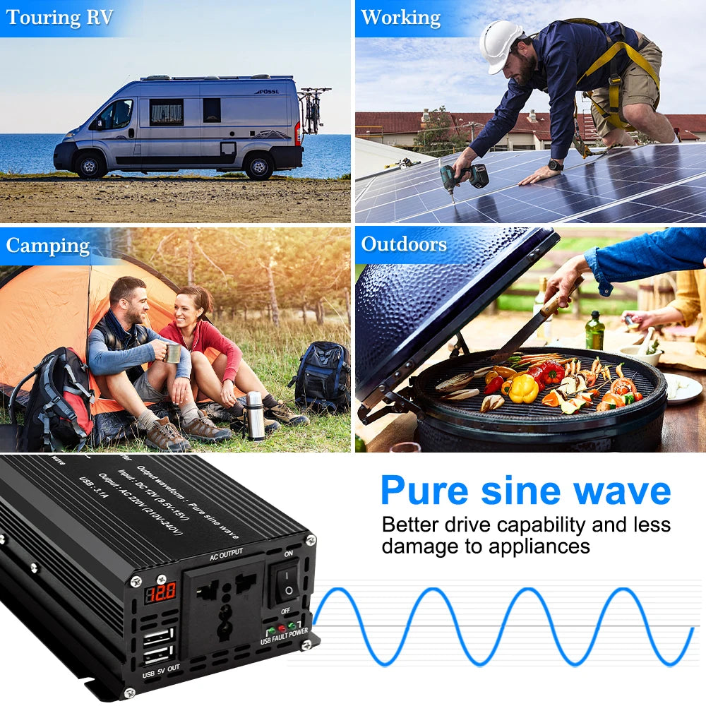 Powerful 1500W Pure Sine Wave Car Inverter with 3.1A USB - 1 Year Warranty
