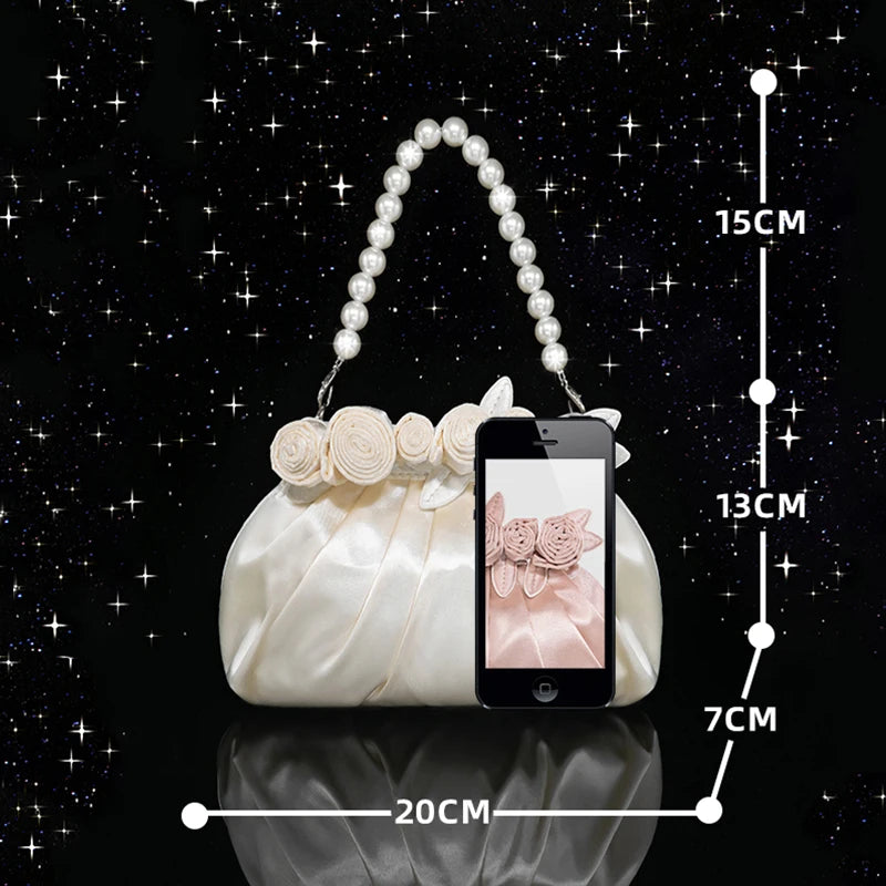 Luxury Pearl Top-Handle Silk Flower Bucket Bag - Formal Wedding Handbag