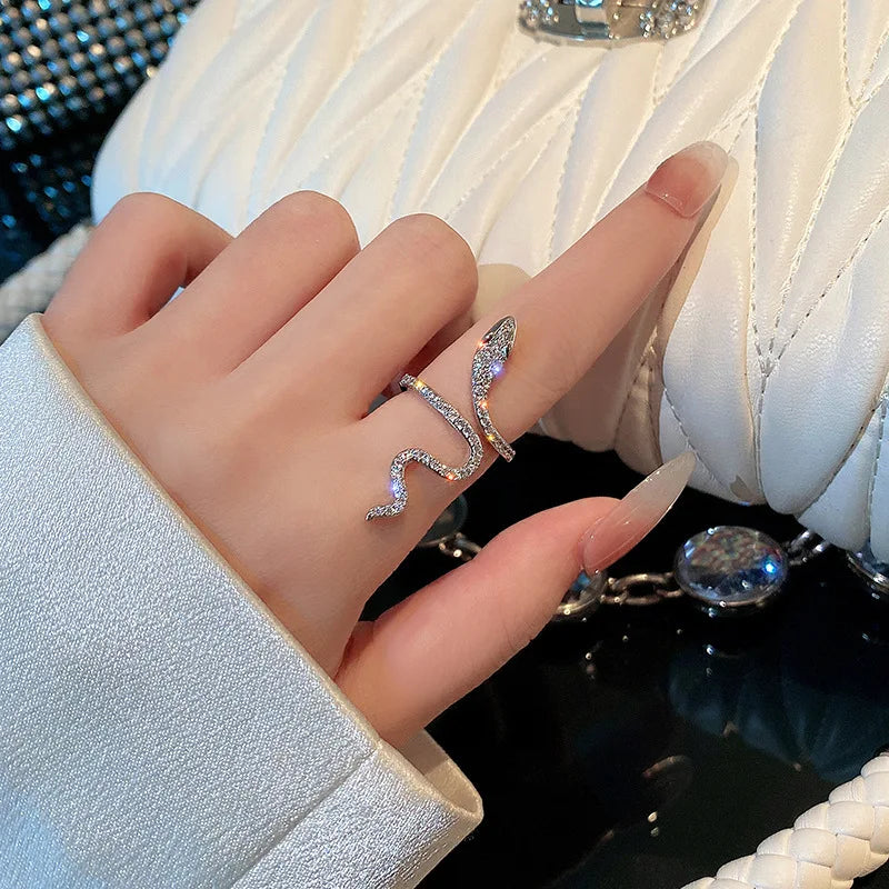 Elegant Silver Snake Ring with Sparkling Cubic Zirconia for Women's Statement Jewelry