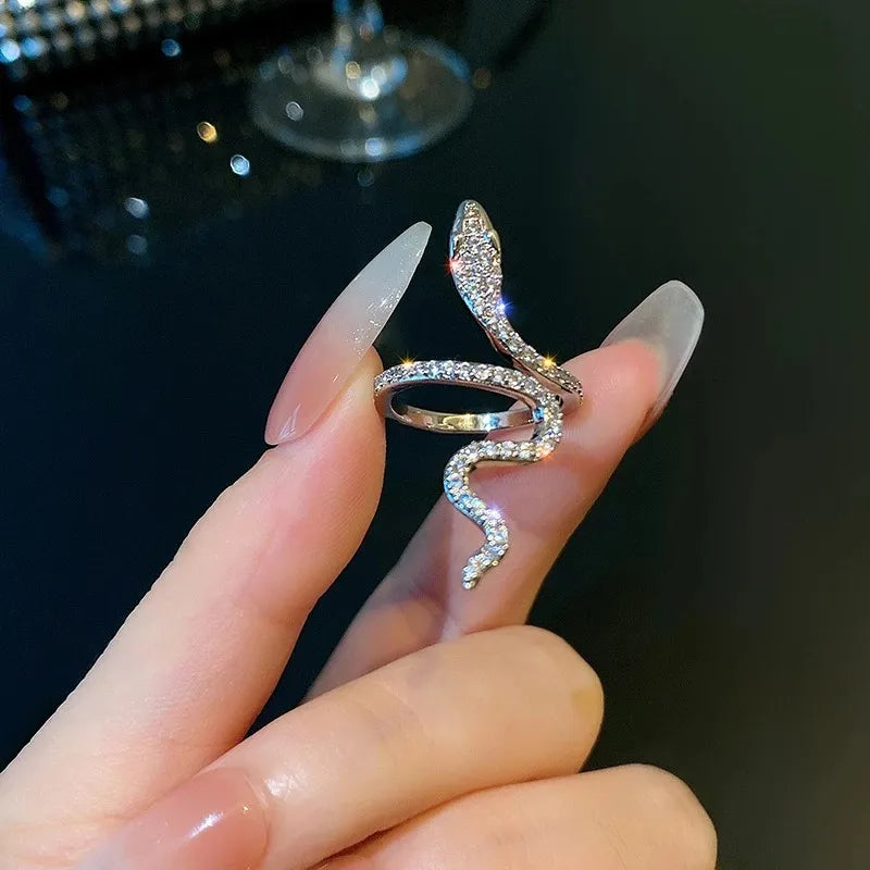 Elegant Silver Snake Ring with Sparkling Cubic Zirconia for Women's Statement Jewelry