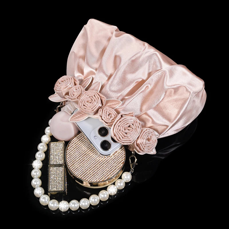 Luxury Pearl Top-Handle Silk Flower Bucket Bag - Formal Wedding Handbag
