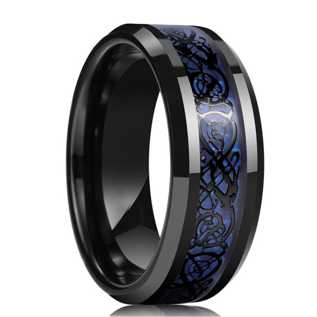 Fashion 8mm Men Red Groove Beveled Edge Stainless Steel Celtic Dragon Ring Zircon Inlay Red Carbon Fibre Ring Men Wedding Band