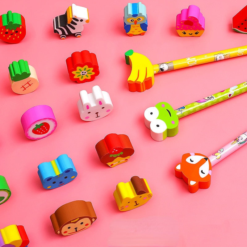 20Pcs/Lot Cute Cartoon HB Pencils With Kawaii Eraser Head for Children's Stationery