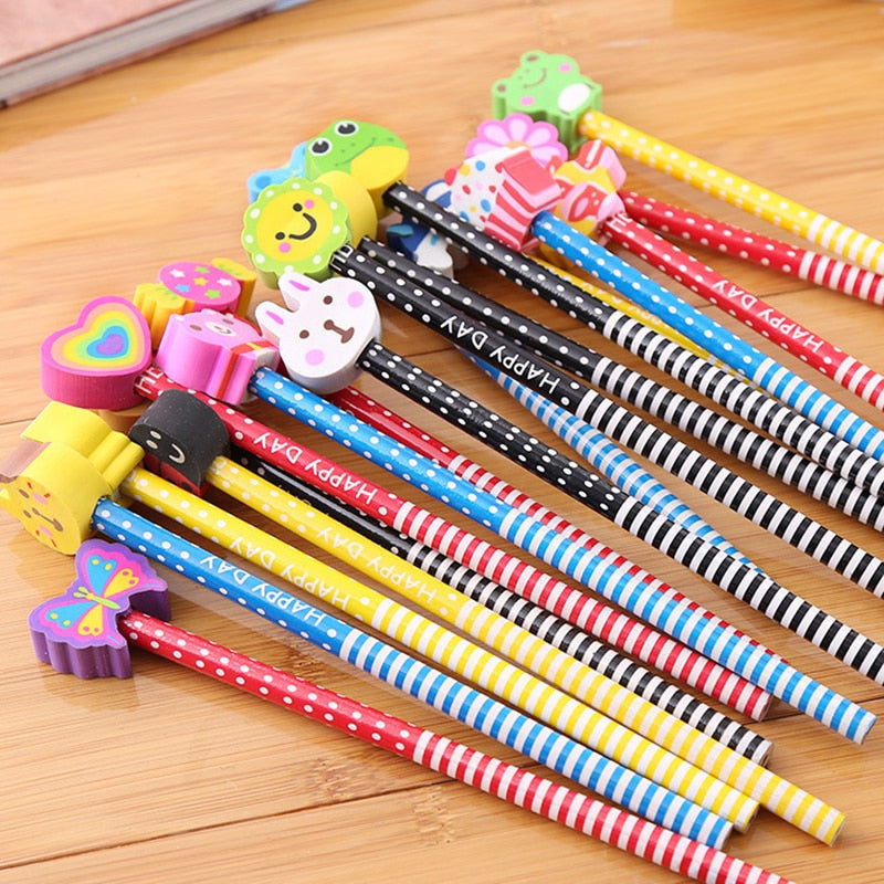 20Pcs/Lot Cute Cartoon HB Pencils With Kawaii Eraser Head for Children's Stationery