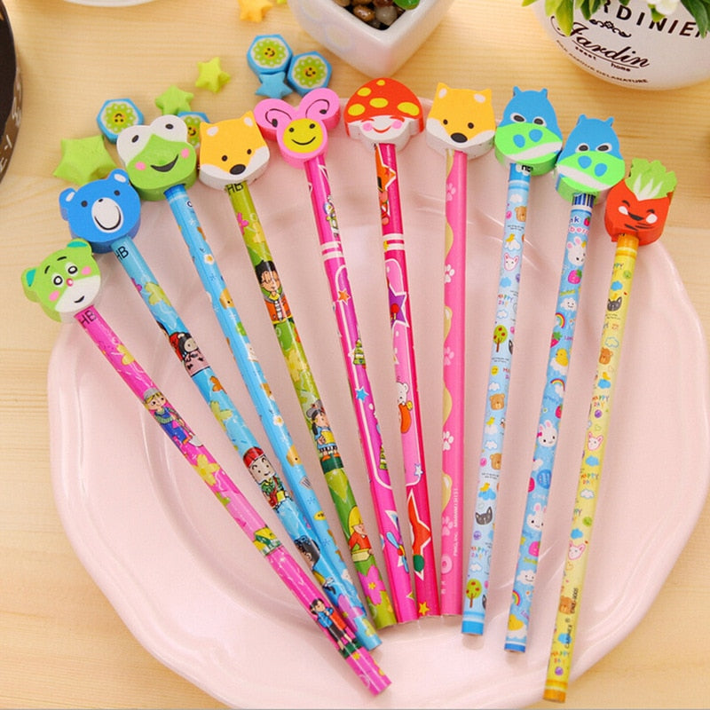 20Pcs/Lot Cute Cartoon HB Pencils With Kawaii Eraser Head for Children's Stationery