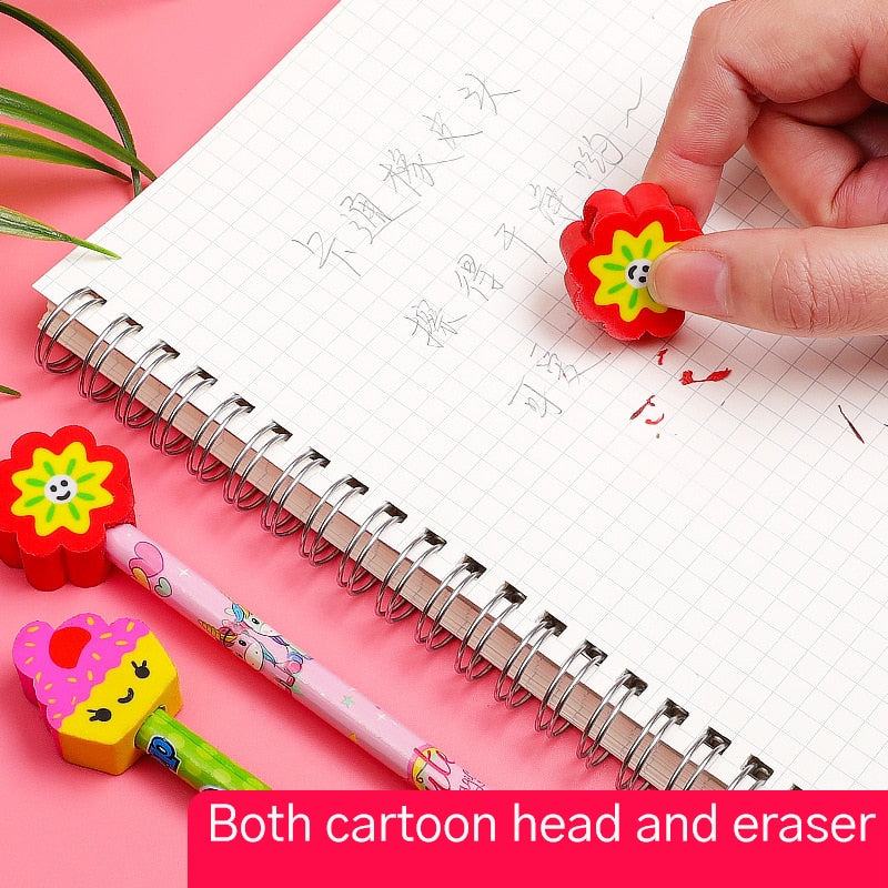 20Pcs/Lot Cute Cartoon HB Pencils With Kawaii Eraser Head for Children's Stationery