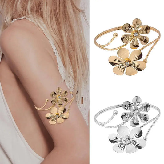 Adjustable Metal Flower Arm Bracelet for Women - Gold/Silver Hip Hop Accessory