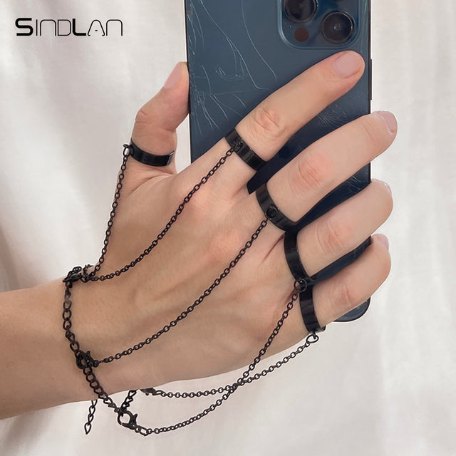 Sindlan Punk Geometric Silver Color Chain Wrist Bracelet for Men Ring Charm Set Couple Emo Fashion Jewelry Gifts Pulsera Mujer