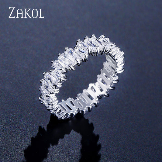 ZAKOL Fashion Luxury Multicolor Charm AAA Baguette Cubic Zirconia Wedding Rings for Women T Shape Stone Party Jewelry FSRP252