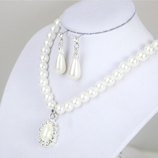 3pcs/set Women Bridal Elegant Wedding Party Pearl Rhinestone Necklace Earrings Jewelry Set New Fashion